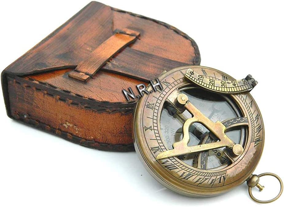 Vintage Sundial Brass Compass with Leather Case - Engraved Gift for Him - Push Compass for Camping, Hiking & Touring