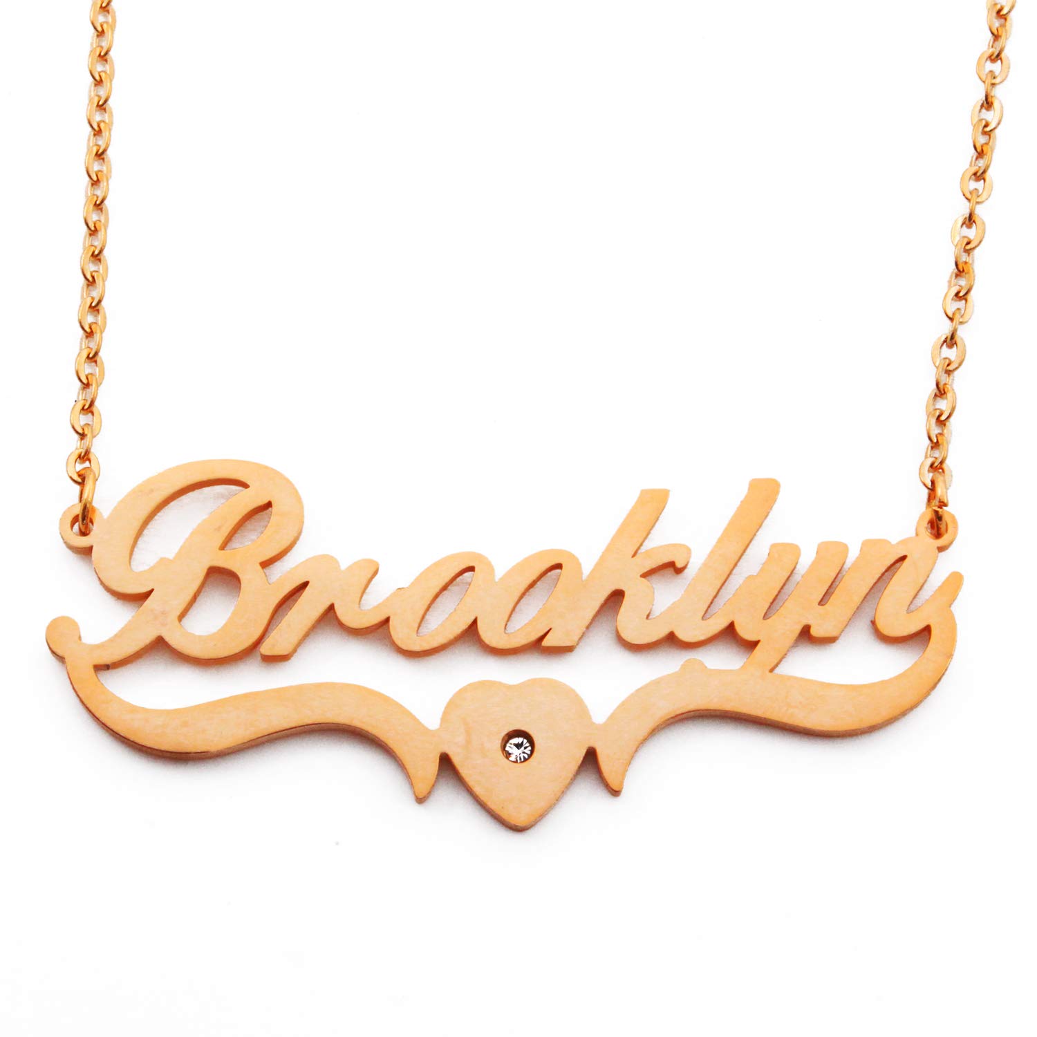 Kigu Brooklyn Name Necklace Heart Shaped Personalised Gold Plated, Custom Dainty Name Pendants, Jewellery for Ladies, Girlfriend, Mother, Sister, Friends Inc Bag & Box