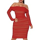 MOEENCN Mesh Long Sleeve Ruched Dress Sexy Off Shoulder Bodycon Women Knee Length Party Date Night Outfits