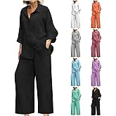 bmkBWO Linen Sets for Women 2 Piece,Button Down Plus Size Summer Shirts Wide Leg Linen Pants Lounge Outfits Clothes 2026