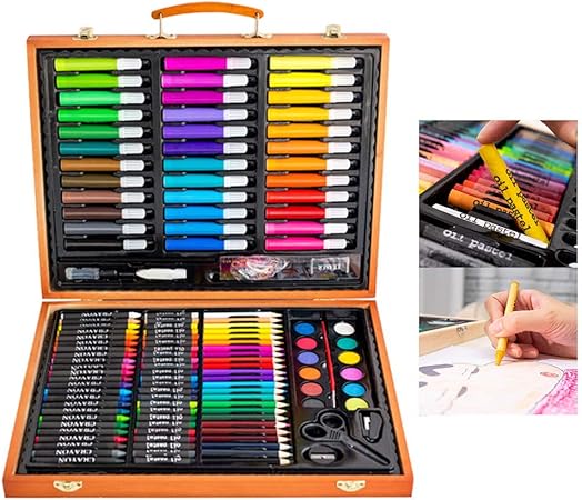 Kit de Artista de Caja de Madera 150 Piezas, Caja de Lápices de Colores, Acuarela, Pasteles