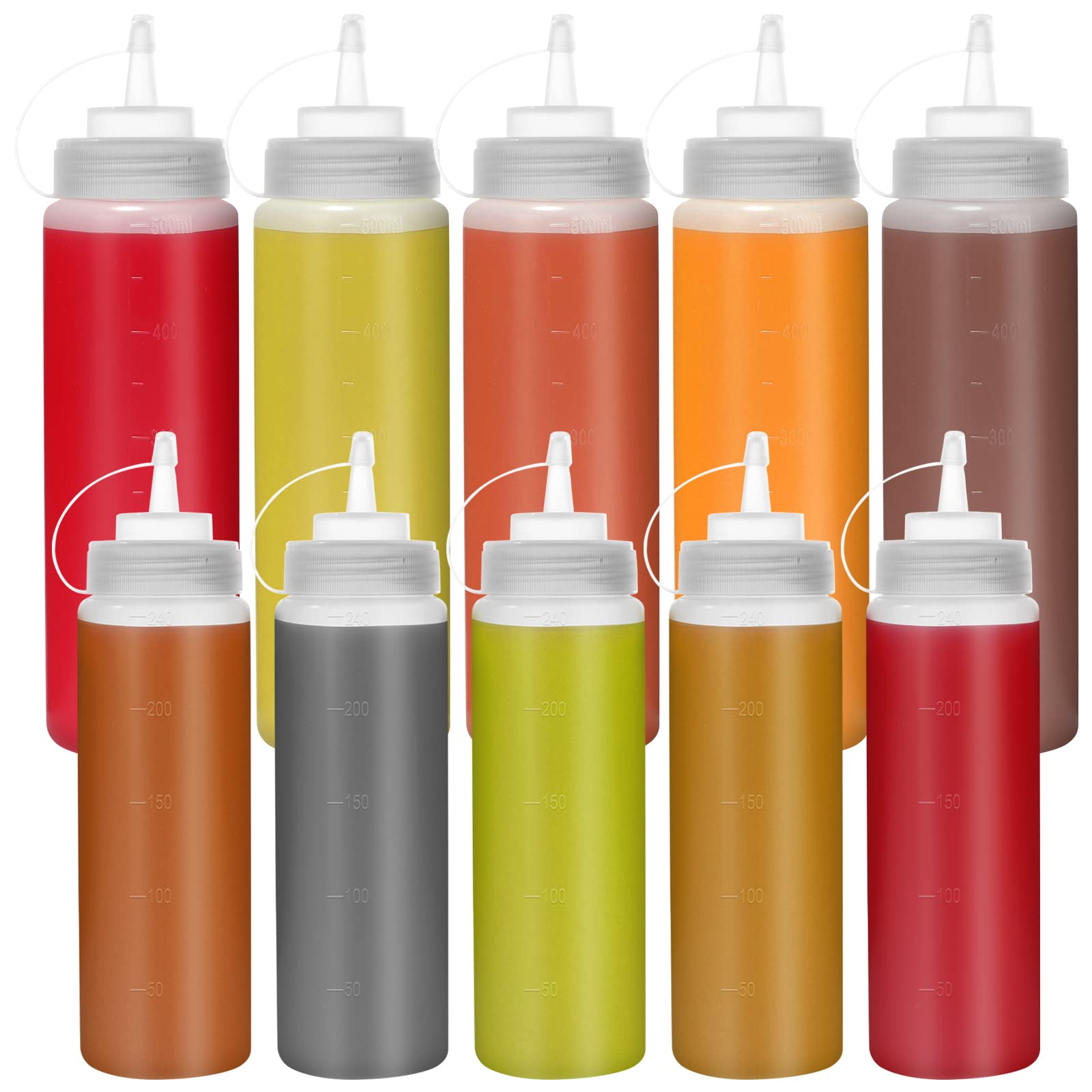 Happybase 10 Pack Squeeze Bottles with Caps, 8oz 16oz Squeezy Sauce Bottles, Plastic Squeeze Dispensers with Measurements for Ketchup, BBQ, Sauces, Syrup, Dressings