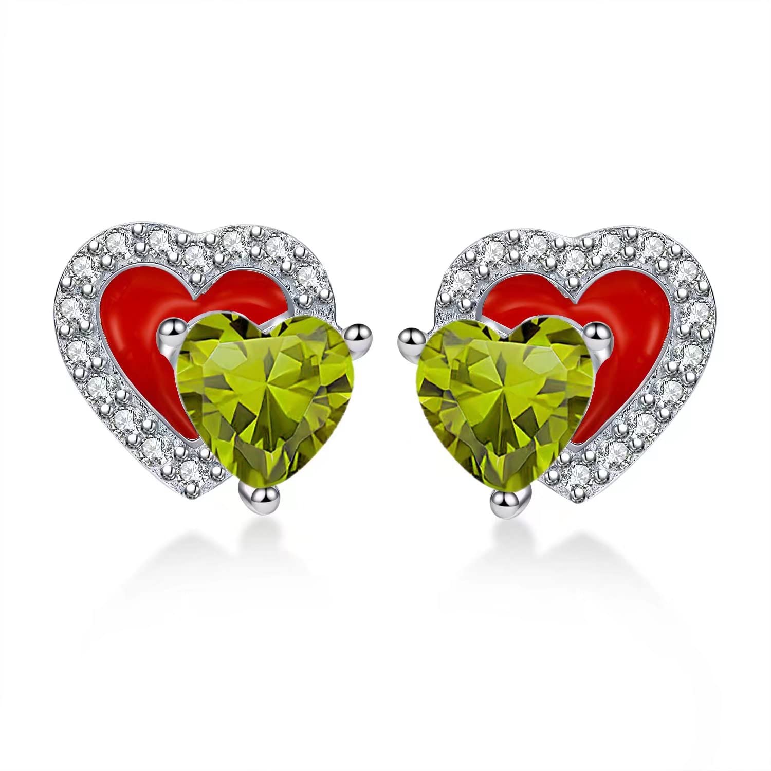 Qings August Peridot Birthstone Stud Earrings Olive Green Cubic Zirconia 925 Sterling Silver Platinum Plated Double Heart Red Enamel Present for Mother Mom