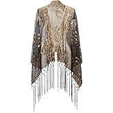 CABODYALS Black Floral Lace Shawl Wraps Sparkly Sequin Fringe Tassel Scarf with Gold Flower Peacock Patterns Vintage 1920S Long Chiffon Pashmina Shawls for Women Evening Dress Formal Wedding Party
