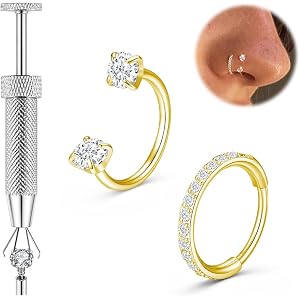 DAILI Titanium Horseshoe Nose Ring, 20g 18g Double Gem Horse Shoe Nose Ring Hoop With Tool for Women Men Hypoallergenic Gold