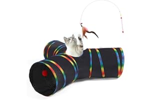 LUCKITTY Cat Tunnels Tube Toy with Plush Ball & Cat Wand Feather Toys-Portable Tattaff Waterproof Washable-Interesting Geometric Pattern Collapsible-3 Way Black Rainbow