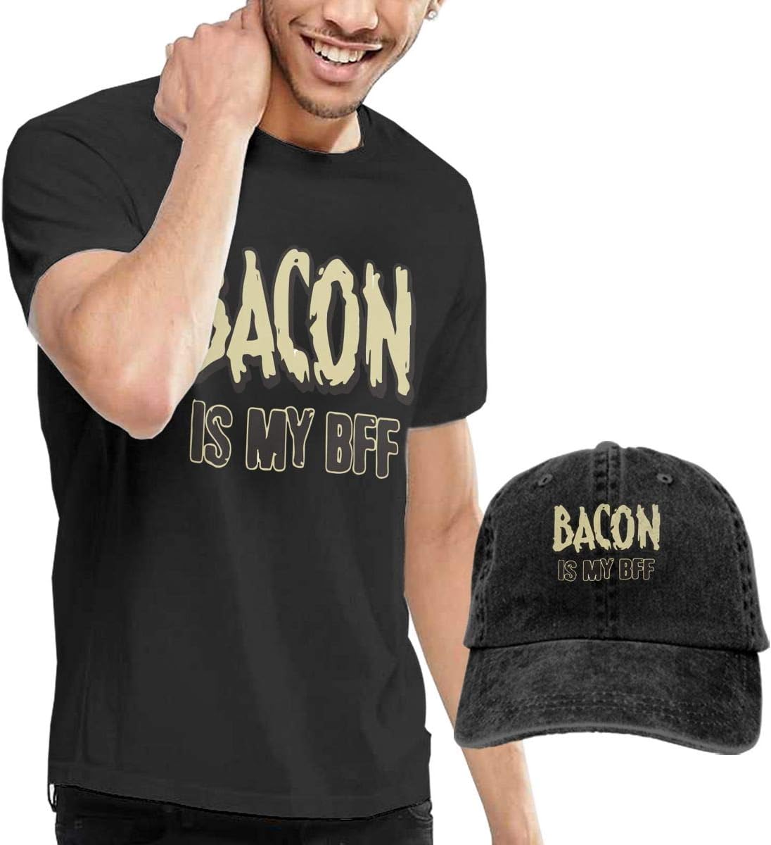 Yiooeea Men's Bacon is My BFF Bacon Lovers Tshirts and Washed Denim Baseball Dad Caps Black S