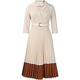 LVBOUSLTD Women's 3/4 Sleeve Pleated Dress Midi Dress with Belt V Neck Business Elegant Dresses Formal Lady Dress