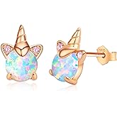 Unicorn Earrings for Girls, Hypoallergenic S925 Sterling Silver Earrings for Kids ARSKRO Small Tiny Cute Fire Opal Stud Earrings Jewelry Gifts for Sensitive Ears Little Toddlers Teen Girl
