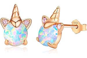 Unicorn Earrings for Girls, Hypoallergenic S925 Sterling Silver Earrings for Kids ARSKRO Small Tiny Cute Fire Opal Stud Earrings Jewelry Gifts for Sensitive Ears Little Toddlers Teen Girl