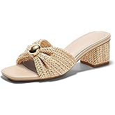 Coutgo Womens Low Chunky Block Heels Raffia Sandals Square Open Toe Slip On Slides Summer Beach Dress Shoes