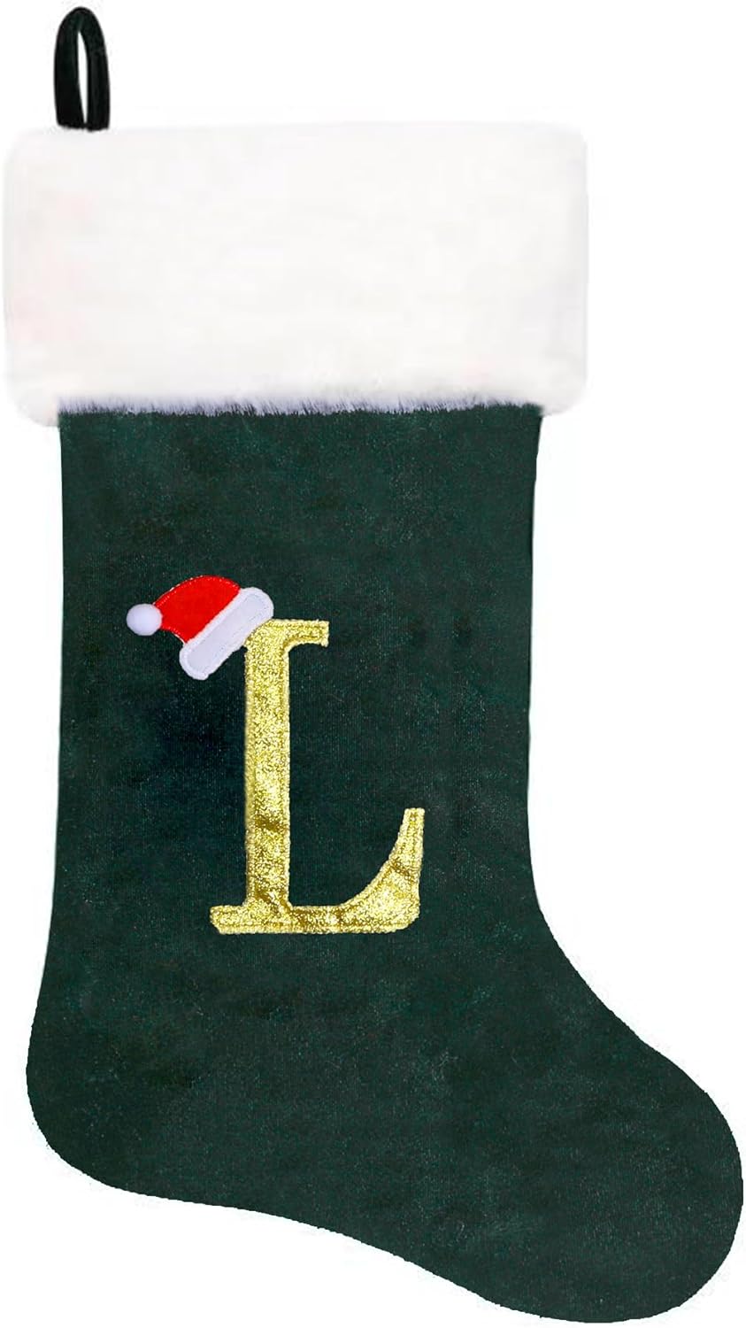 Stockings & Holders - Eoocan 20 Inches Monogram Christmas Stockings Green Velvet with White Super Soft Plush Cuff Embroidered Xmas Stocking Classic Personalized Stocking Decoration for Family Holiday Season Decor(Letter L)