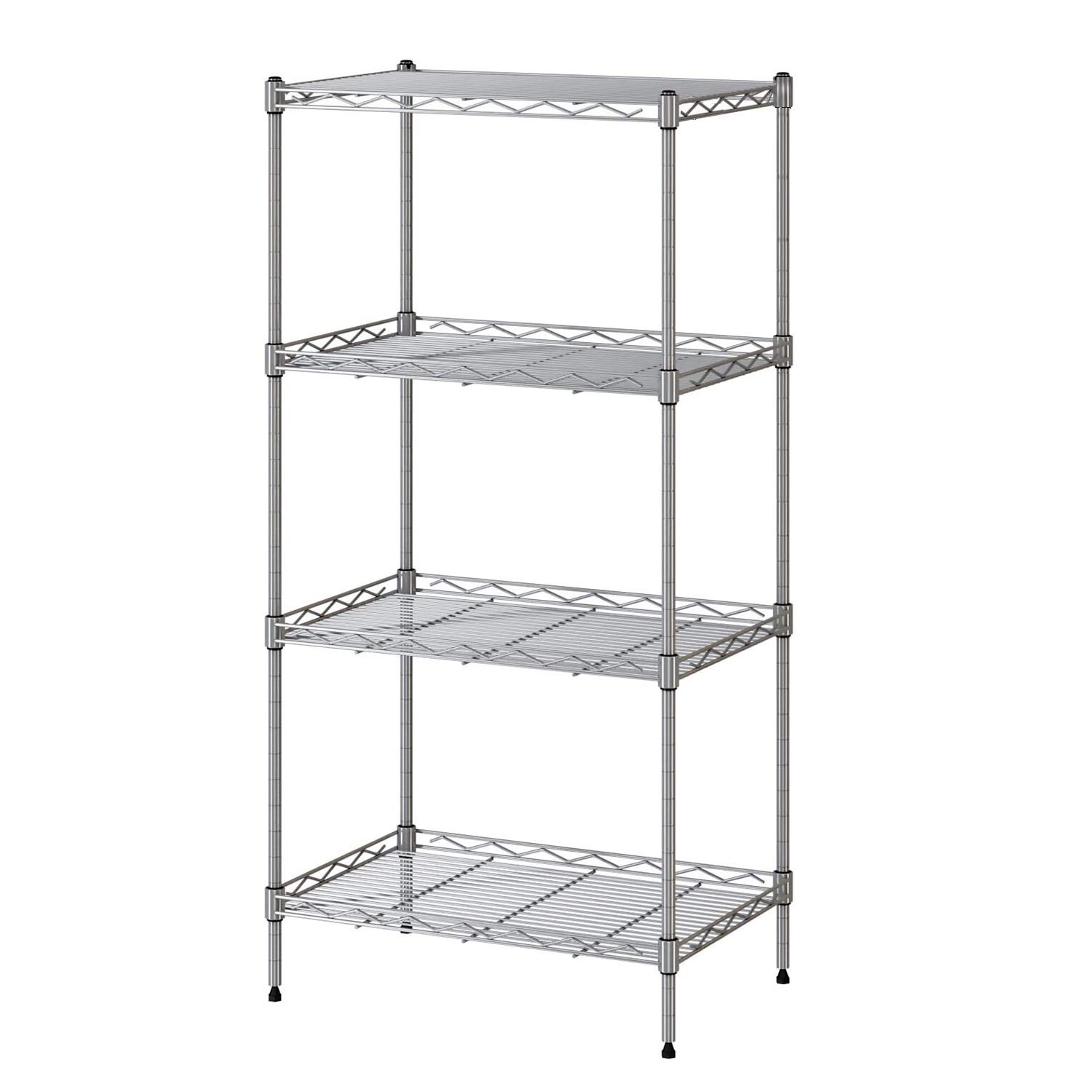 4 Tier Shelf Shelving Units, Multipurpose Metal Small Storage Rack with 4 Hooks, Stainless Steel Wire Organisation Suitable For Pantry Kitchen Livingroom Bathroom Office, 45*30*90 CM