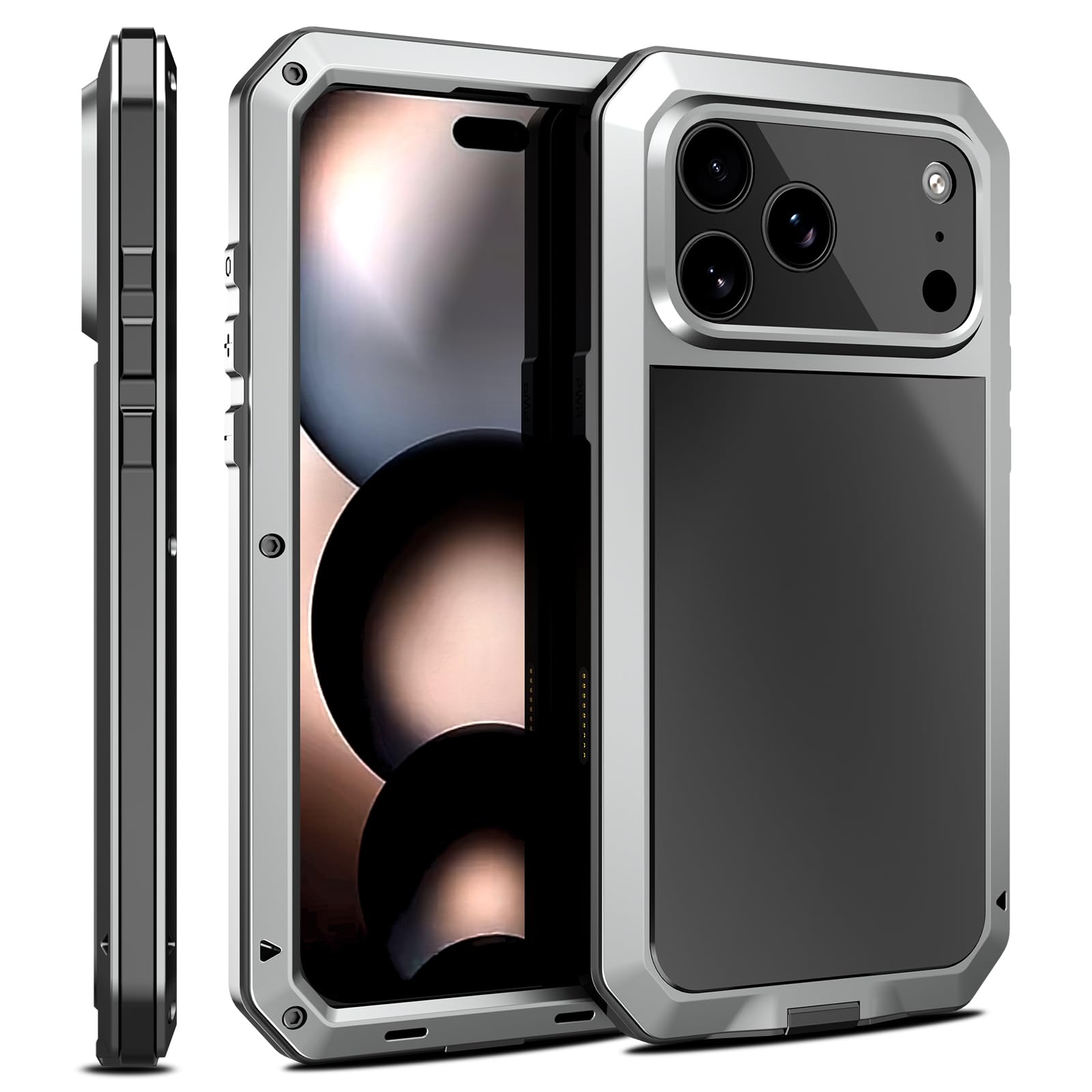 Photo 1 of Marrkey Compatiable with iPhone 17 Pro Max Case,360 Full Body Protective Cover Heavy Duty Shockproof [Tough Armour] Aluminum Alloy Metal Case with Silicone Built-in Screen Protector - Silver