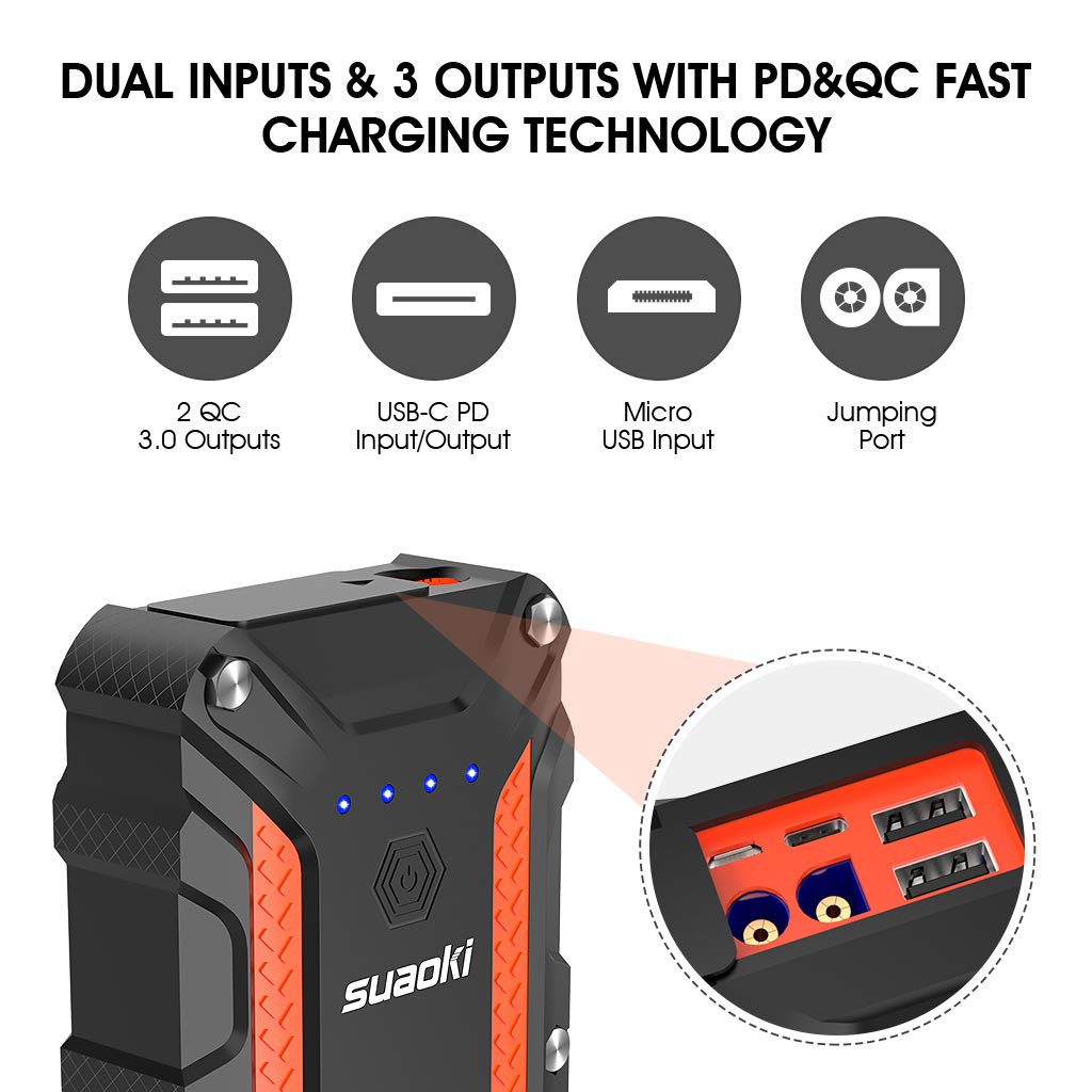 SUAOKI Car Jump Starter, 1000A Peak 12V Protable Auto Vehicle Battery Booster (up to 7L gas 5L