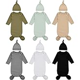 Cuffbow 6 Packs Newborn Baby Knotted Gowns Set 0-6 Months Cotton Sleeper Long Sleeve Nightgown and Hat Set for Infant Baby
