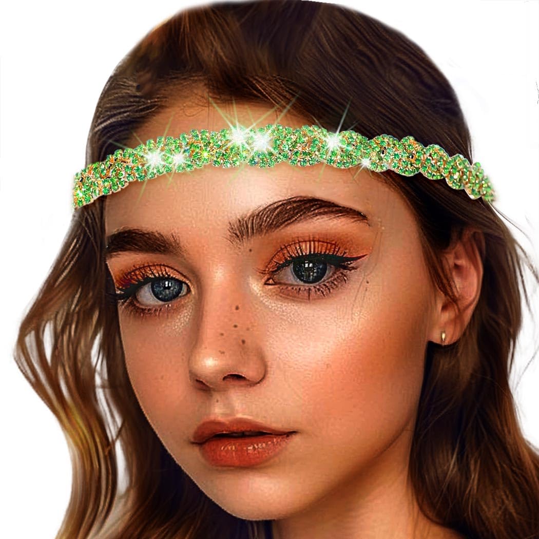 Women's Rhinestone Headbands Sparkly Elestic Hairband Vintage Metal Headbands Sparkly Elegant Party Daily Head Chain (Grass Green, M)