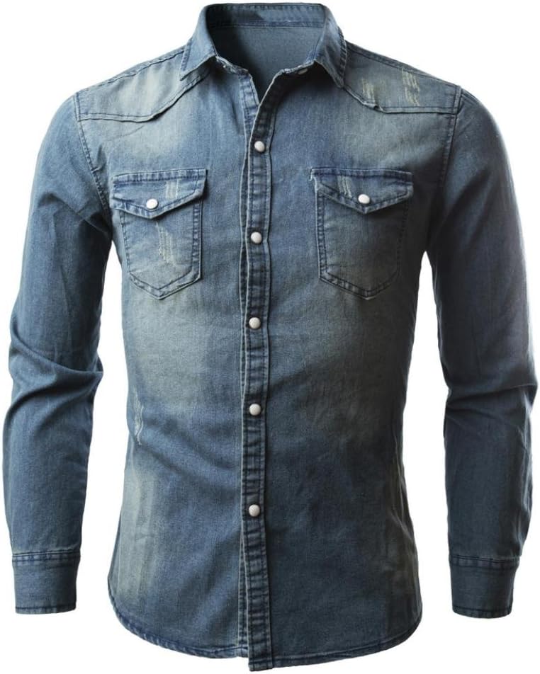 Men's Tops, Men's Shirts Retro Denim Shirt Cowboy Blouse Slim Thin Long Tops