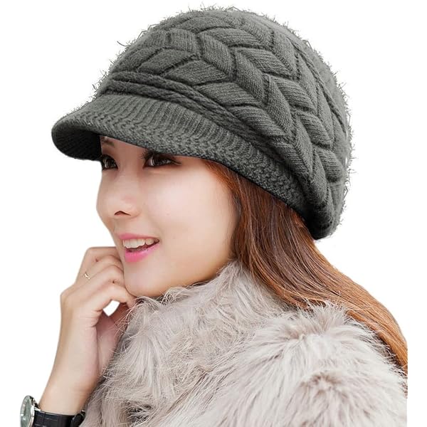 Muryobao Women's Winter Beanie Hat - Knit With Visor, Soft Lined, Coffee Color