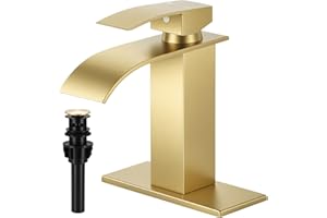 FDKW Brushed Gold Bathroom Faucets, Waterfall Bathroom Sink Faucet Single Handle Bathroom Faucet for 1 or 3 Hole, Mixer Tap Vanity Faucet with Deck Plate, Pop-up Drain and Supply Hoses