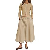 Tankaneo Womens 2 Piece Skirt Sets 3/4 Sleeve Knit Cardigan Elastic Waist Midi Skirt Outfits Casual Matching Dress Set