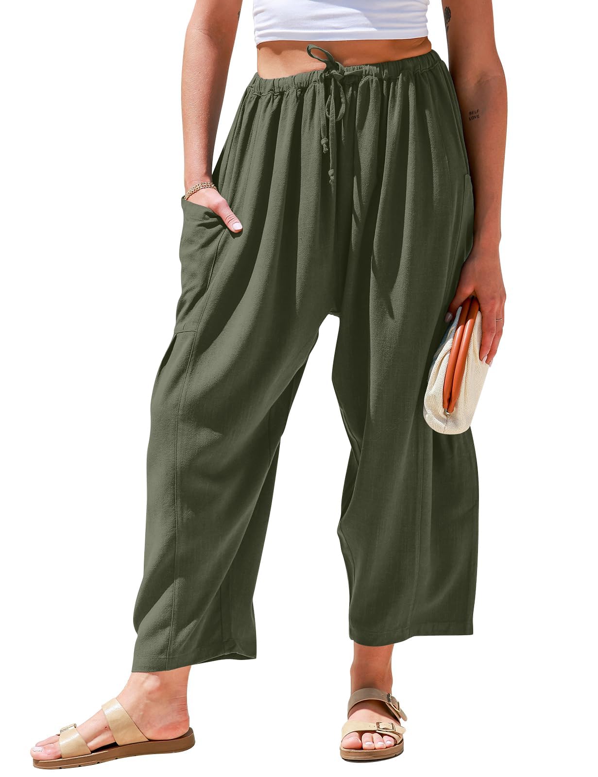Photo 1 of TARSE Womens Linen Pants Casual Wide Leg Loose Drawstring Low Waist Beach Palazzo Harem Pants with Pockets 2025(Green,XL)