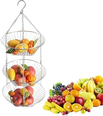 Flower205 Panier A Fruits En Acier Inoxydable A Trois Couches En Acier Inoxydable A Panier De Fruits Et De Legumes Fruits A Suspendre Panier De Rangement A 3 Etages Pour Cuisine Amazon Fr