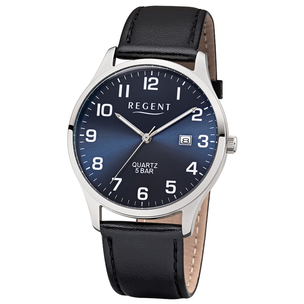 Regent Men’s Watch Elegant Analogue Leather Bracelet Black Quartz Watch Blue Dial UR1113409