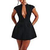 LuFeng Women's Summer Sexy Cap Sleeve Deep V Neck Zipper A-line Mini Dress Hollow Bodycon Night Out Party Dress