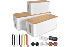 TUWECHEN 3 Pack Cable Management Box with 18 PCS Cable Management Set - Large & Medium & Small Wooden Grain Cable Organizer Box to Hide Wires & Power Strips | TV Cord Organizer Box | for Home & Office(White)