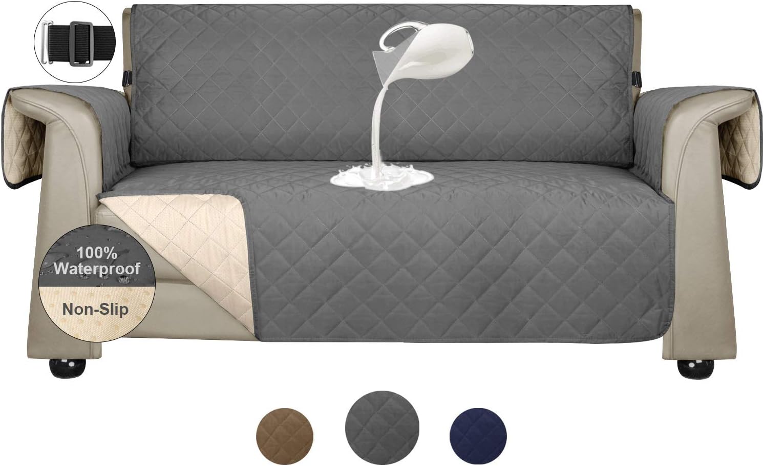 Wonwo Sofa Cover 100% Waterproof Sofa Slip Cover for Dogs, Cats, Kids, Non-Slip Furniture Protector with Rubber Dots, Elastic Belt and Metal Hook for Living Room (Sofa, Grey)