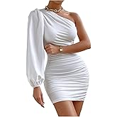 Floerns Women's Elegant One Shoulder Mini Dress Bishop Sleeve Ruched Party Bodycon Dresses