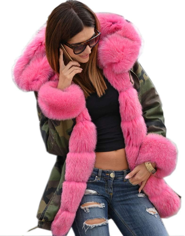Aox Women Hood Coat Faux Fur Thicken Lined Overcoat Winter Camo Plus Size Jacket Snow Parka Outwear