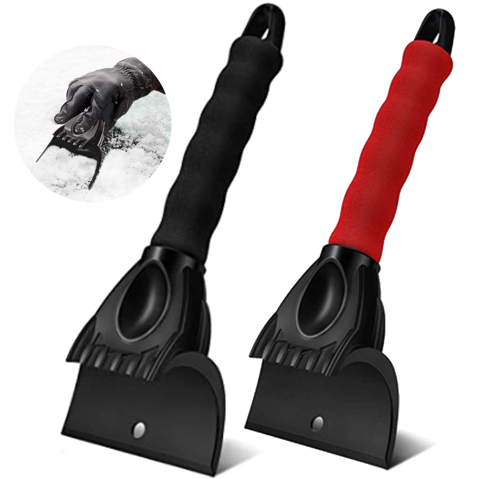 MOSNOW 2 Pcs Snow and Ice Scrapers for Car with Foam Handle for Car Windshield and Home window, Easily Scratches Frost and Ice, Easy to Store (Black & Red)