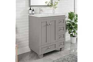 Eviva Happy 30 Inch Bathroom Vanity with Sink, Gray Bathroom Vanities W/White Carrara Top, 30in Single Bathroom Vanity with Sink W/Undermount Porcelain, Freestanding Bathroom Vanities