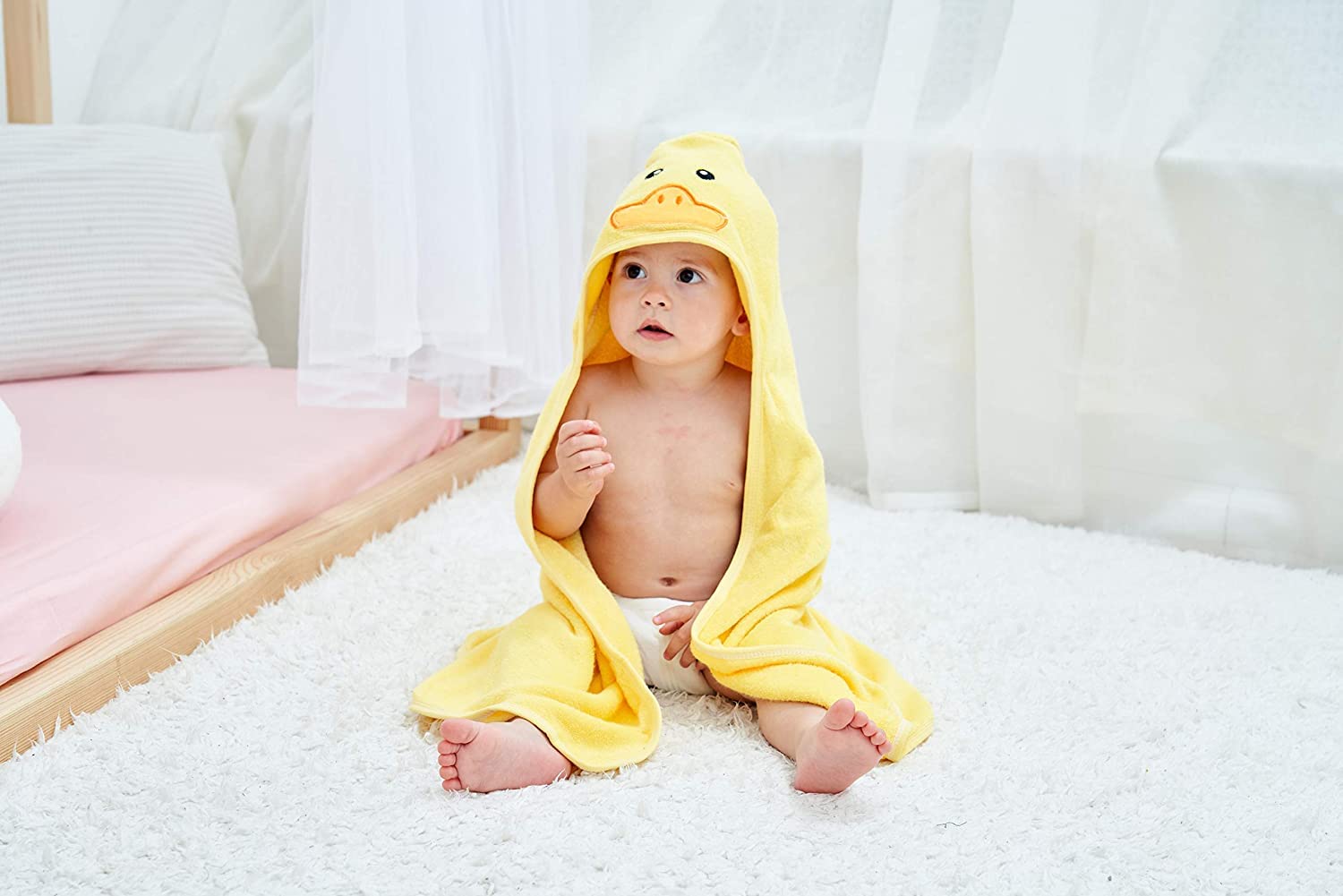 HIPHOP PANDA X - Large Hooded Baby Towel - Rayon Made from Bamboo, Soft Hooded Bath Towel for Babie, Toddler,Infant, Perfect for Boy and Girl - (Yellow Duck, 37.5 x 37.5 Inch)