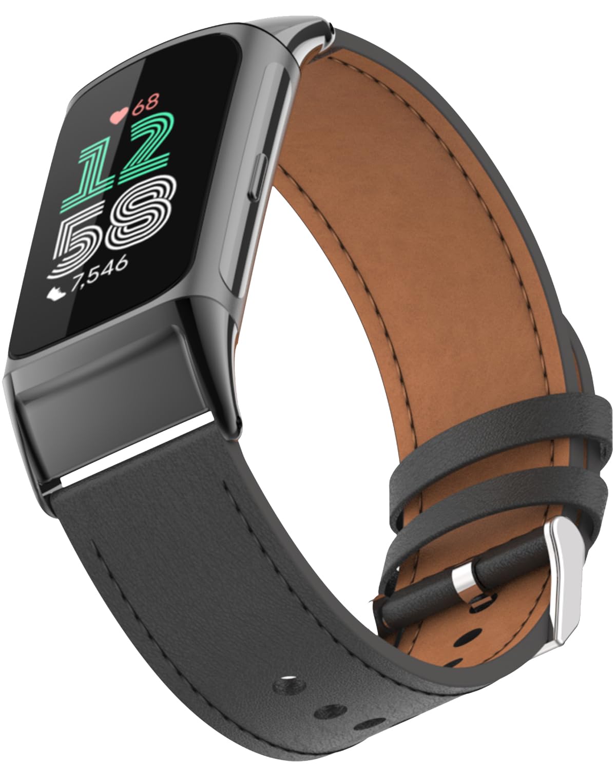 Miimall Leather Strap Compatible with Fitbit Charge 6/Fitbit Charge 5 Strap, Breathable Holes PU Leather Band, Adjustable Replacement Wristband with Metal Buckle for Women-Black