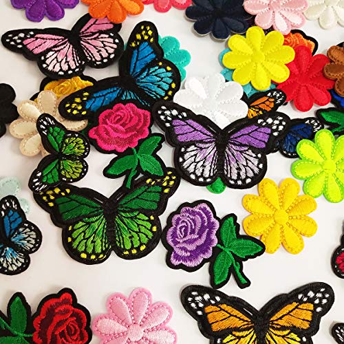 Czorange Butterfly Applique Clothing Iron On Patch Embroidery Applique Patches Rose Flowers for Arts Crafts DIY Decor, Jeans, Jackets, Clothing, Bags (Pack of 40 Pieces)
