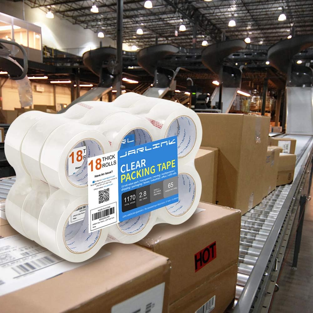 JARLINK Clear Packing Tape (18 Rolls), Heavy Duty Packaging Tape for Shipping Packaging Moving Sealing, Stronger & Thicker 2.8mil, 2 inches Wide, 65 Yards Per Roll, 1170 Total Yards : Office Products