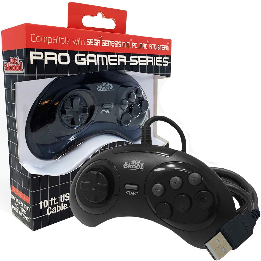 Old Skool USB Controller 6-Button Arcade Pad Compatible with Sega Genesis Mini, PS3, PC, Mac, Steam, Nintendo Switch - USB Port (Black)