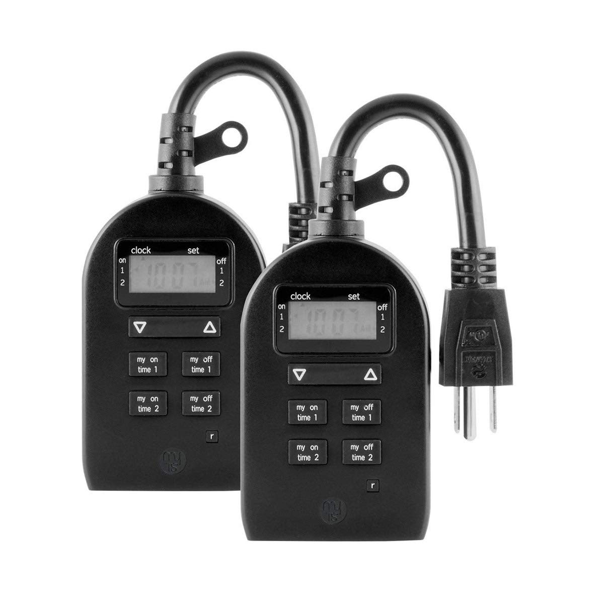 myTouchSmart Outdoor/Indoor Plug-in Digital Timer 2-Pack, 1 Grounded Outlet, Easy-to-Set, 2 Custom ON/OFF Times, Weather Resistant, Ideal for Seasonal Lighting, Small Pumps, LED, 46226