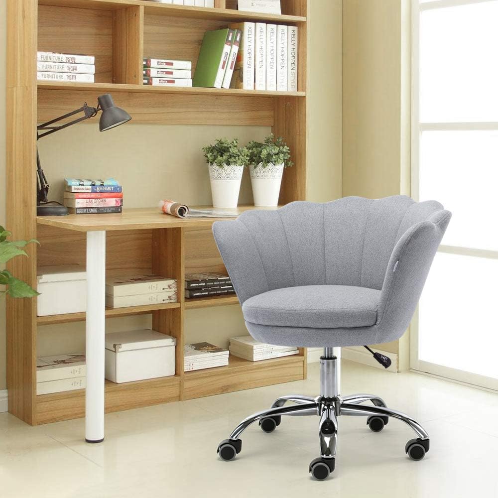 Goujxcy Desk Chair,Modern Linen Fabric Office Chair,360° Swivel Height Adjustable Comfy Upholstered Flower Accent Chair (Light Grey)