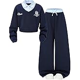 SOLY HUX Girl's Sweatsuits 2 Piece Outfits Letter Striped 2 in 1 Collared Sweatshirt and Sweatpants Preppy Clothing Sets