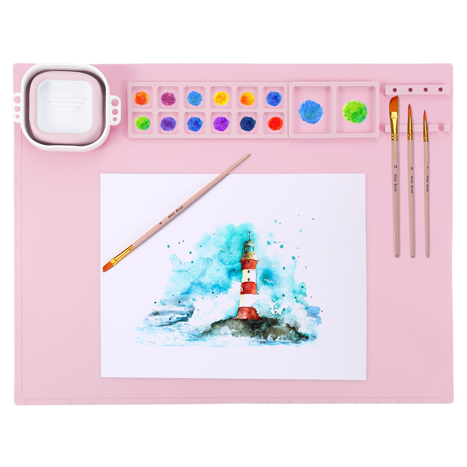 PATIKIL 20" x 16" Silicone Craft Mat, Nonstick Silicone Painting Sheets Art Mats for Resin Drawing DIY Clay, with Brush Holder and Magnetic Removable Cleaning Cup, Pink