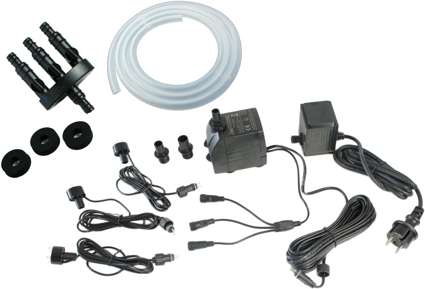 Arnusa Springbrunnen Pumpe Komplett Set mit 3er LED-Beleuchtung inkl.3 Wege Schlauchadapter, Schlauch und Schaumstoffdichtungen (1500L/H, RGB Farbwechsel)