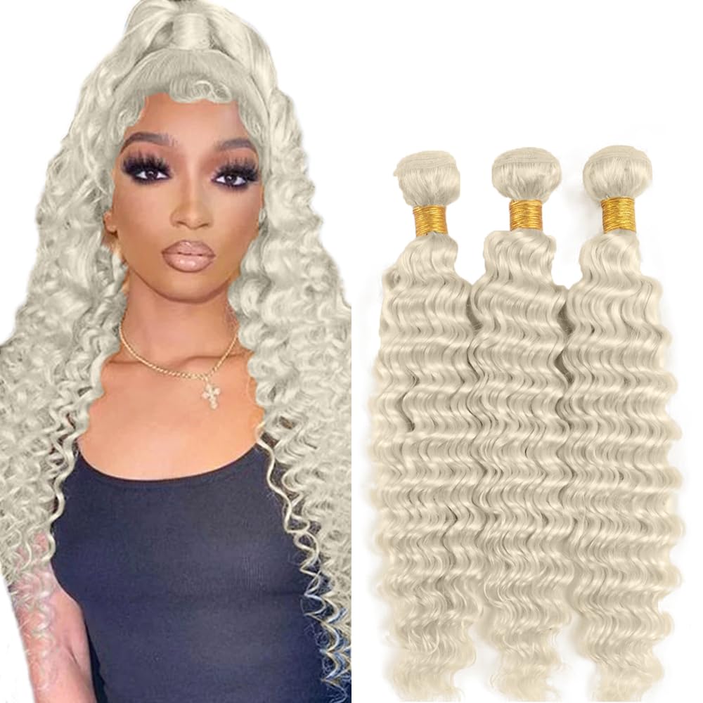 Photo 1 of #88 Platinum Blonde Bundles Human Hair Deep Wave Bundles 30 32 34 Inch 3 Bundle Unprocessed Brazilian Virgin Hair Platinum Blonde Deep Wave Human Hair Extensions 50 Gram Per Bundle