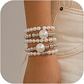 Decixde Pearl Bracelet for Women Chunky Fake Pearl Stackable Stretch Bracelet Set Multilayer Gold Beaded Bangles Wedding Bridesmaids Bridal Party Jewelry Gift