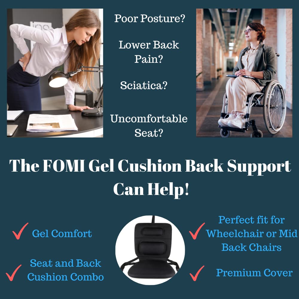 FOMI Gel Wheelchair and Low Back Chairs Seat and Back Cushion | Orthopedic Seat Pad, Firm Back Support and Lumbar Pillow for Wheelchairs, Car, Truck, Gaming | Pressure Sore, Coccyx Pain Relief