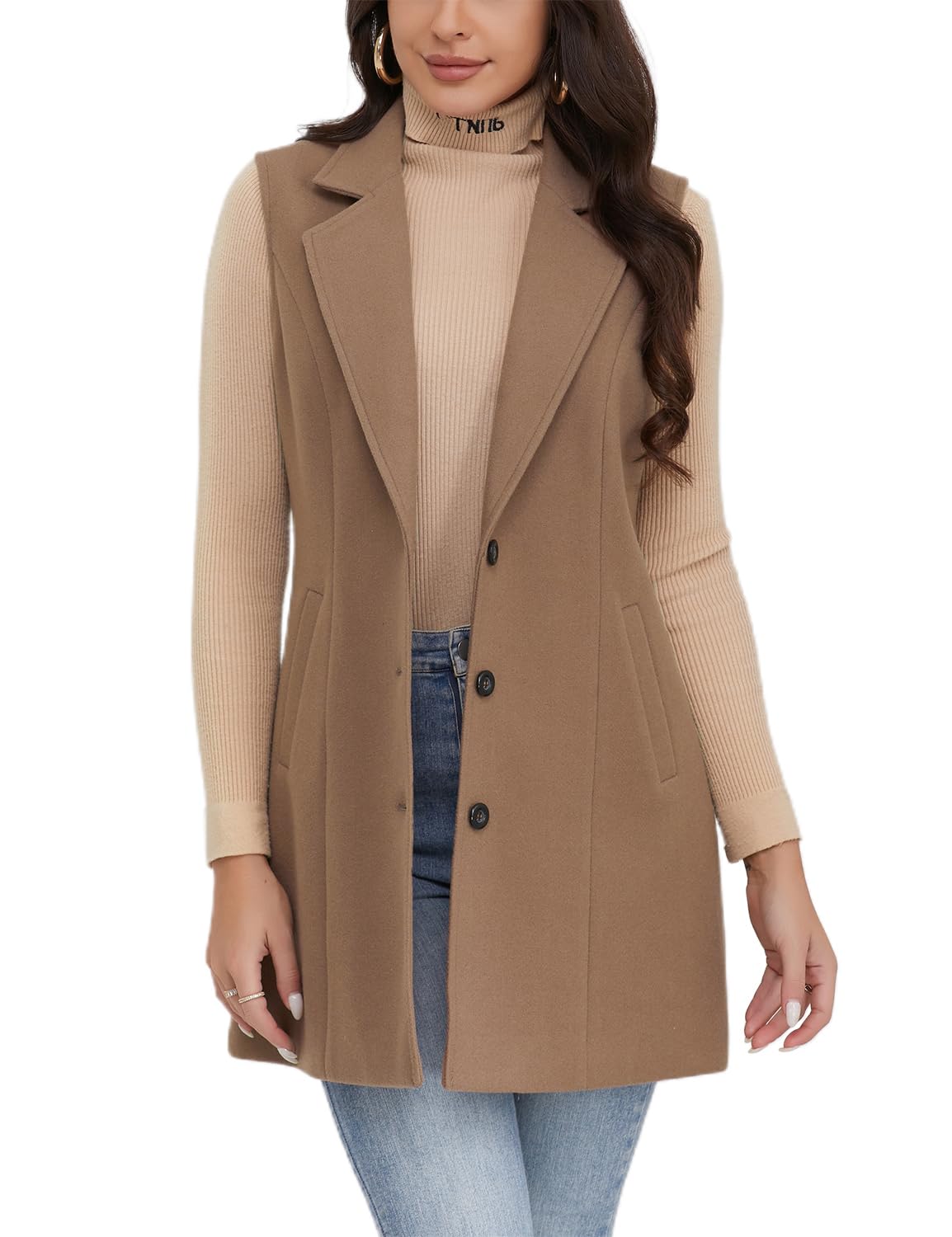Photo 1 of IDEALSANXUN Long Vest for Women Sleeveless Blazer Jackets Trench Coat 2025 Wool Coat Jackets Fall Fashion Outfits Winter Clothes Outerwear, Pure Dark Khaki, XL