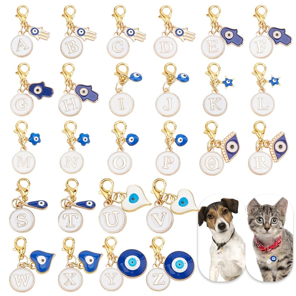 DELORIGIN 26pcs Letter A-Z Evil Eye Collar Pendants for Cat Dog Lucky Charms Pet Collar with Heart Hamsa Hand Evil Eye Beads Key Chain Jewelry Clip-on Charms for Bag Necklace Bracelet Home Decor